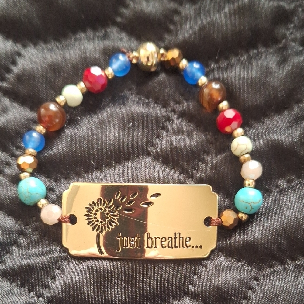 Gold 'Just Breathe' Multi Gemstones Beaded Bracelet